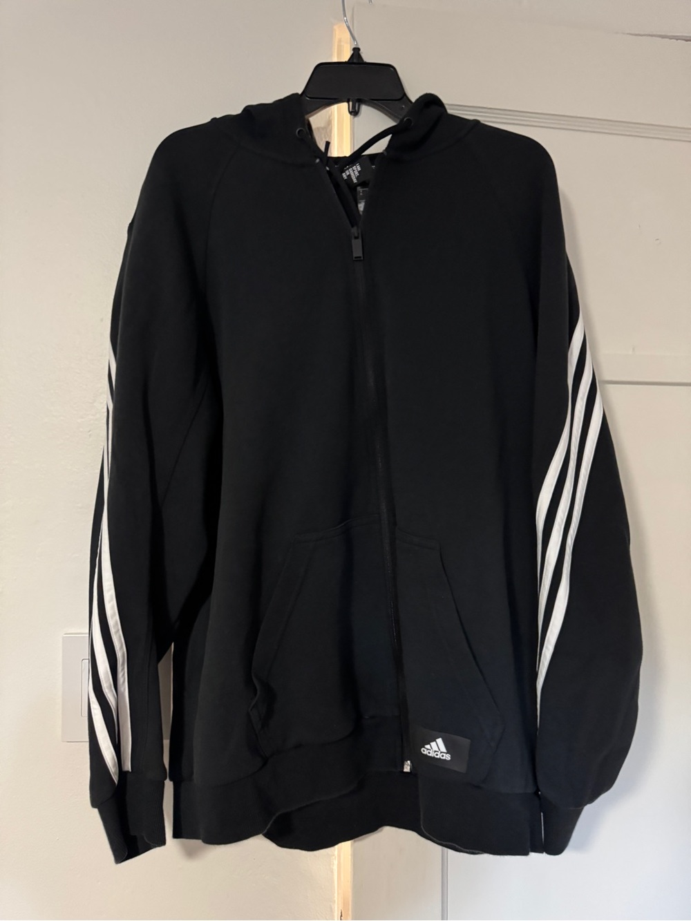 adidas Black Zip Hoodie with White Three-Stripe Sleeves